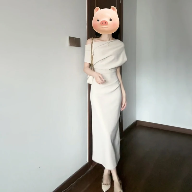 2025新款韩系穿搭斜肩荡领连衣裙子女夏季气质修身包臀长裙1469