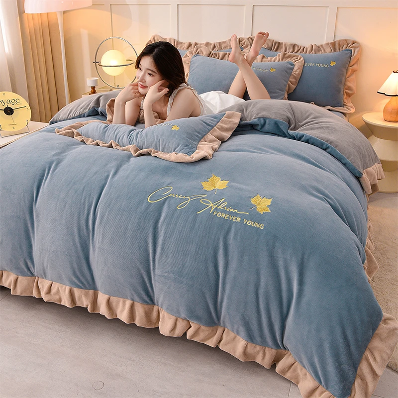 高端刺绣牛奶绒四件套秋冬季加厚保暖双面加绒被套床单床上用品