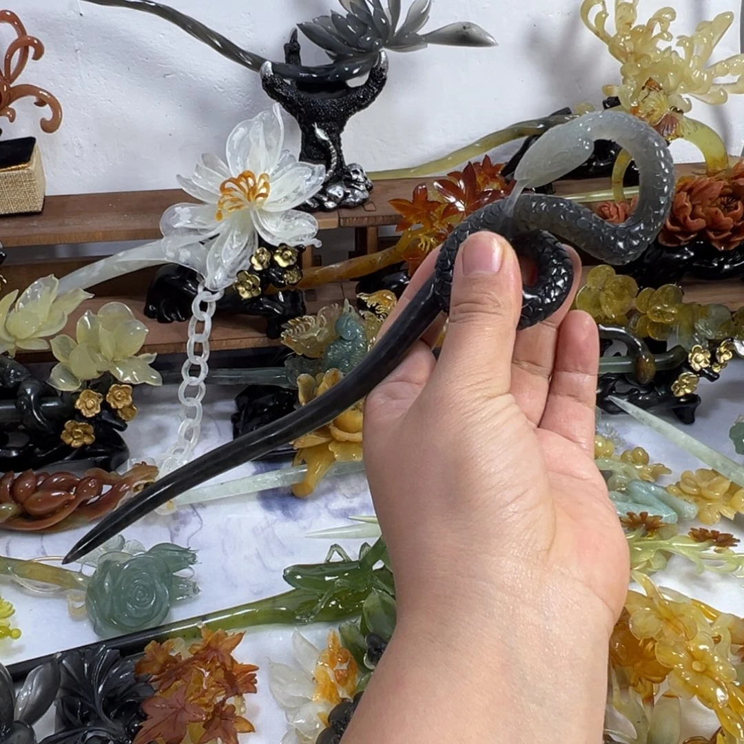 剪***水定制蛇纹石玉毛货发饰