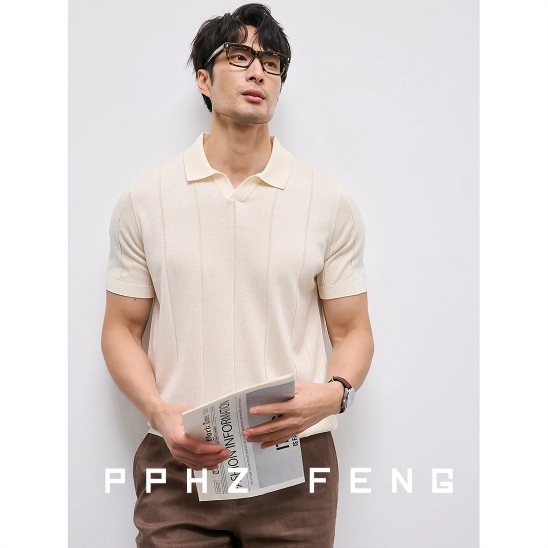 老钱风绅士高端polo桑蚕丝针织海鸥剪刀v翻领短袖POLO衫男