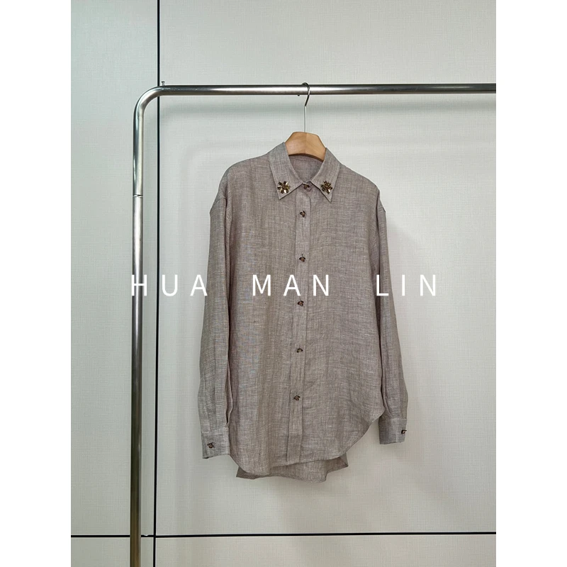 【花满林】翻领领边钉珠定制花朵扣千鸟格亚麻上衣00951