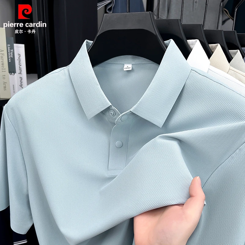 皮尔卡丹夏季爆款高档无痕冰丝按扣t恤男短袖纯色透气休闲polo衫