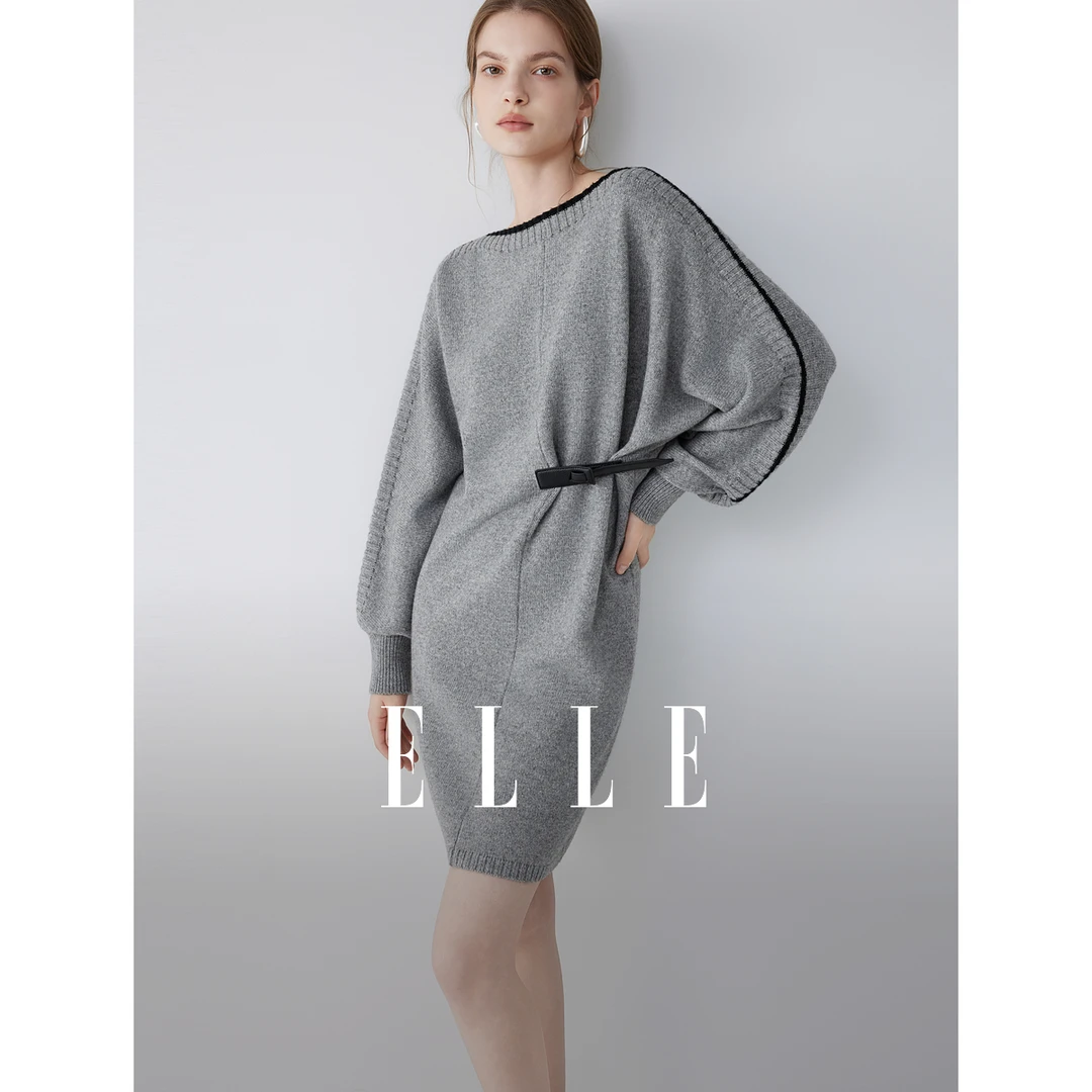 ELLE女装绵羊毛一字领连衣裙2025秋新款撞色时尚毛衣裙EL52340