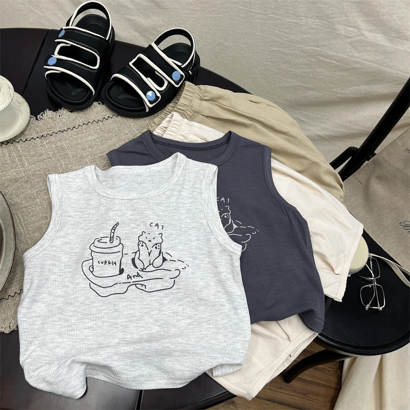 H896夏季新款套装男女童卡通印花简约背心儿童韩版简约无袖套装潮