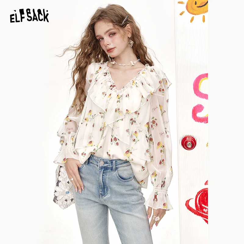 妖精的口袋法式荷叶边草莓雪纺衫女2025年夏季新款高级感气质上衣