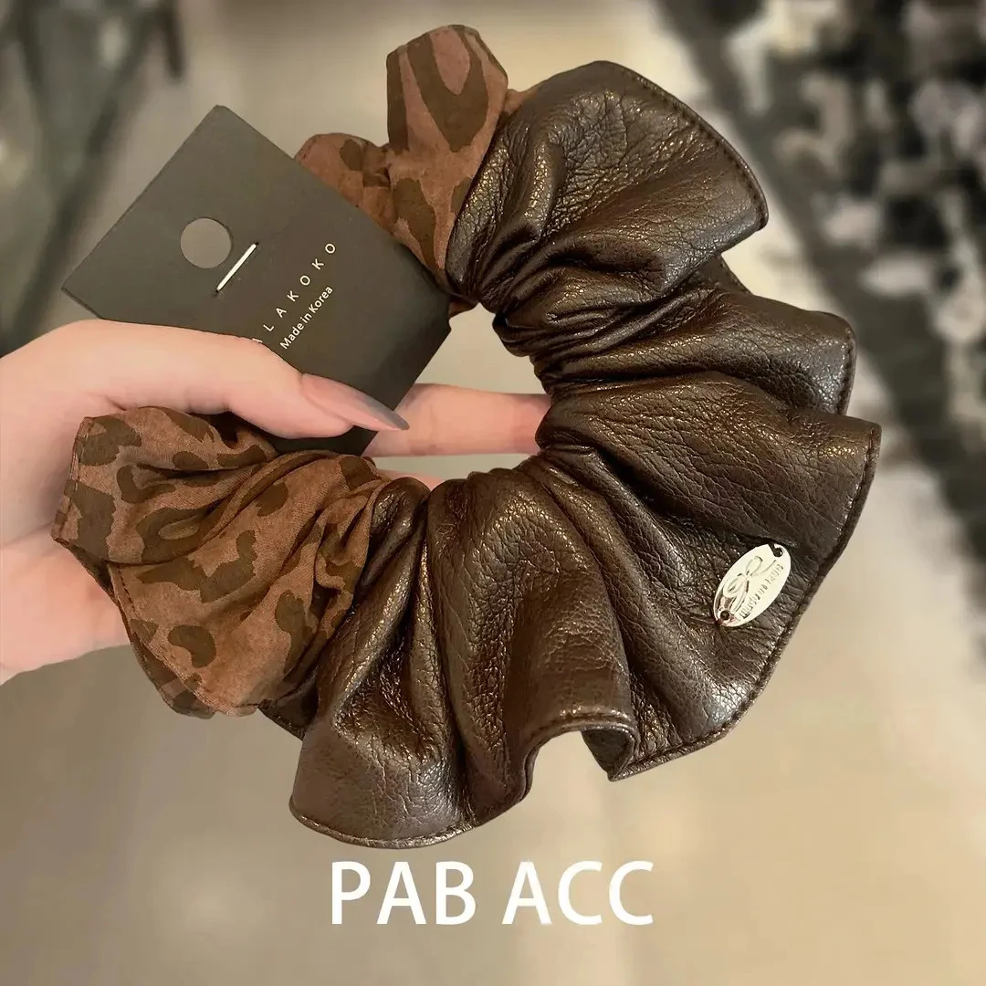 韩国优雅复古时髦摩登皮质豹纹大肠发圈拼色高级感扎马尾发绳皮筋