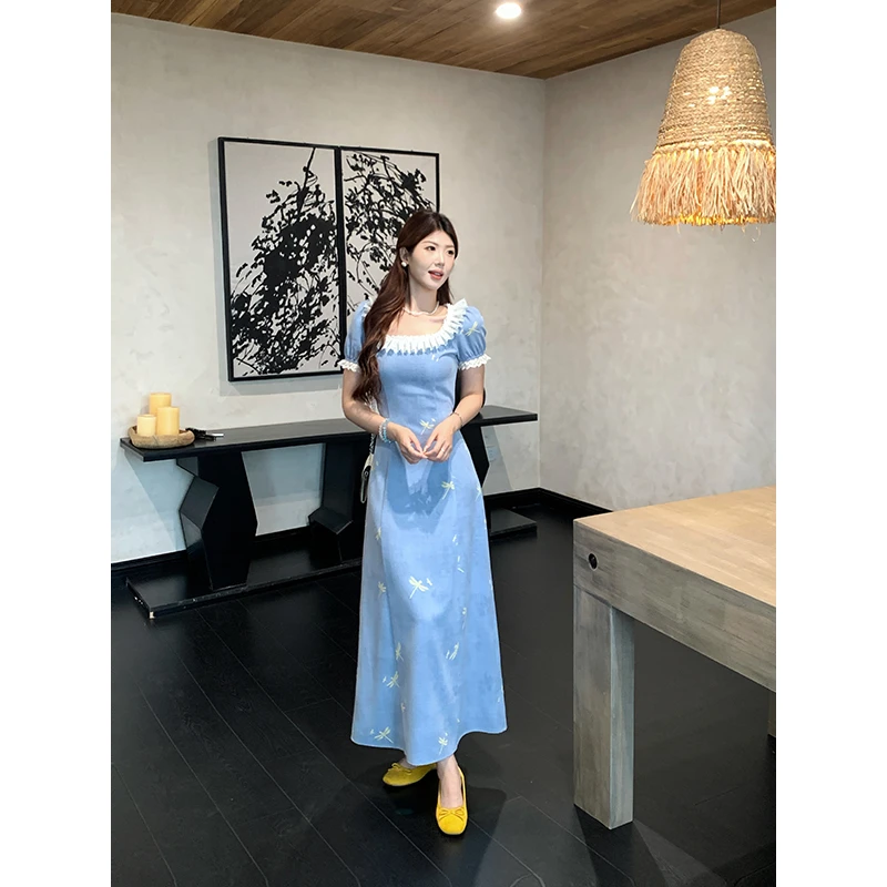 【寻梦蜓】甜辣多多肌理底布方领拼接连衣裙花边收腰显瘦长裙