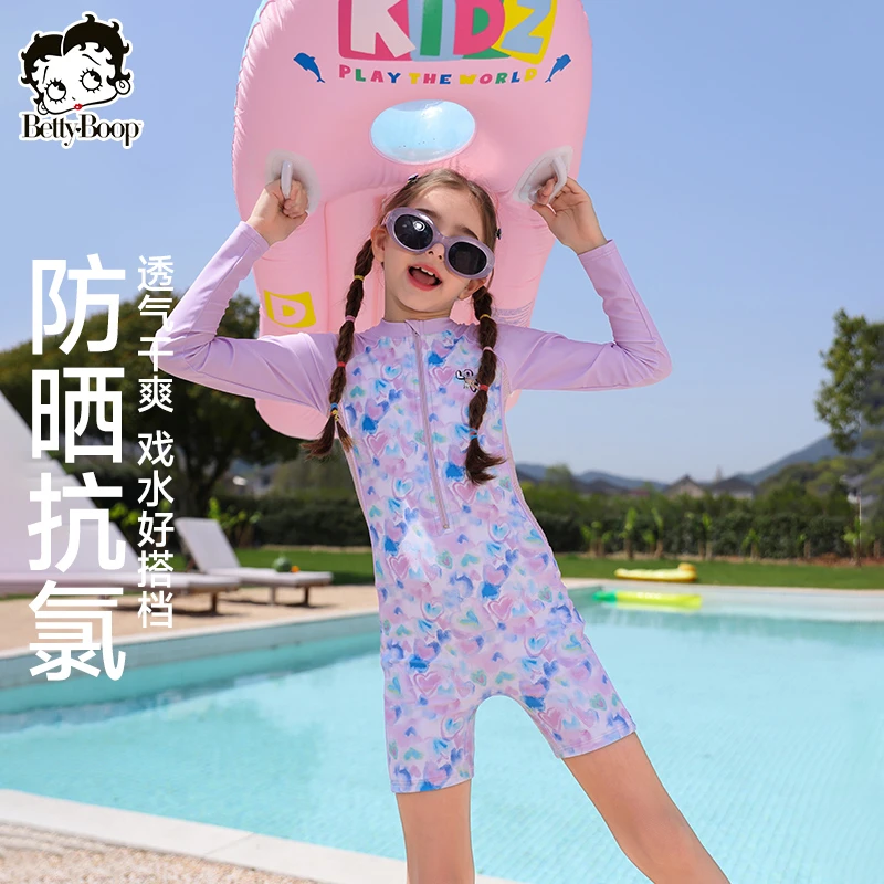 贝蒂女童长袖短裤连体泳衣2025年夏季时尚大童儿童运动泳装25380