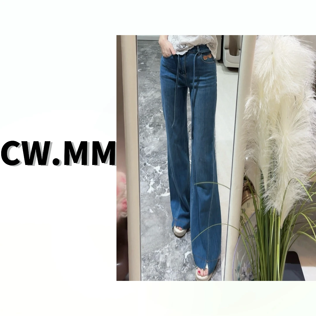 CW.MM 【腿精】时尚高腰直筒眼镜烫钻显瘦牛仔裤