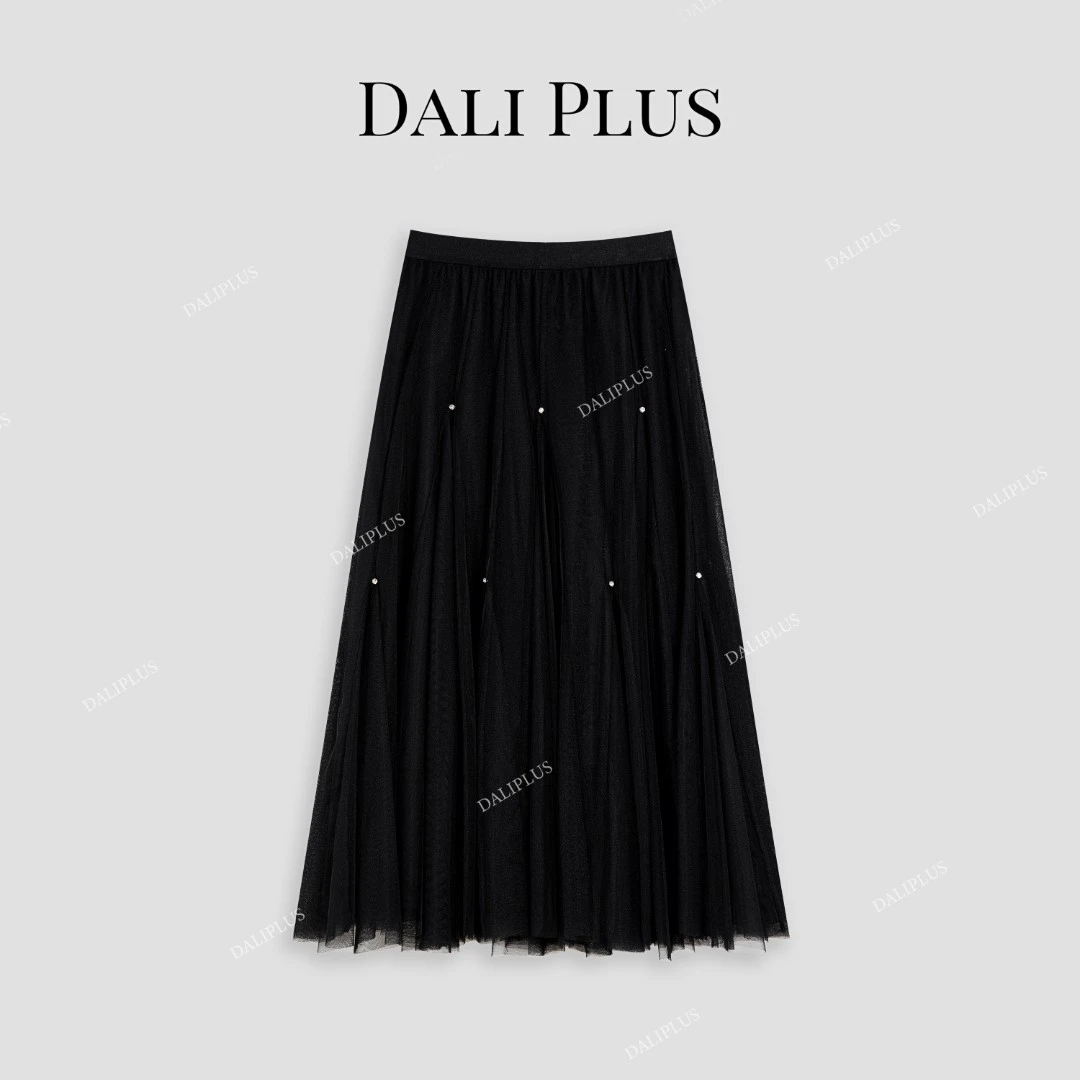 DALI PLUS高腰轻奢黑色点钻仙女百搭中长款秋冬网纱半裙-D5MM2085