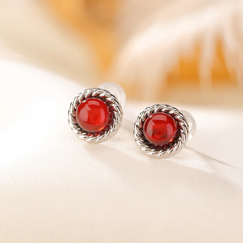 S925银血珀复古做旧扭纹圆珠简约时尚个性气质耳饰银耳钉