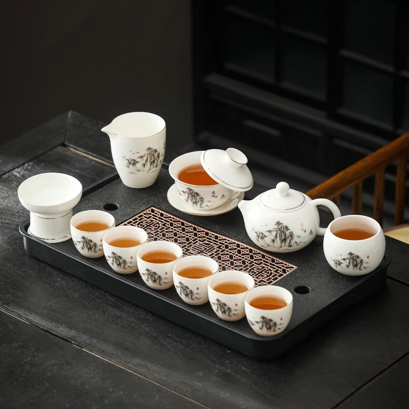 巅峰悬停盖碗德化白瓷功夫茶具套装高端全套办公室家用茶盘一整套