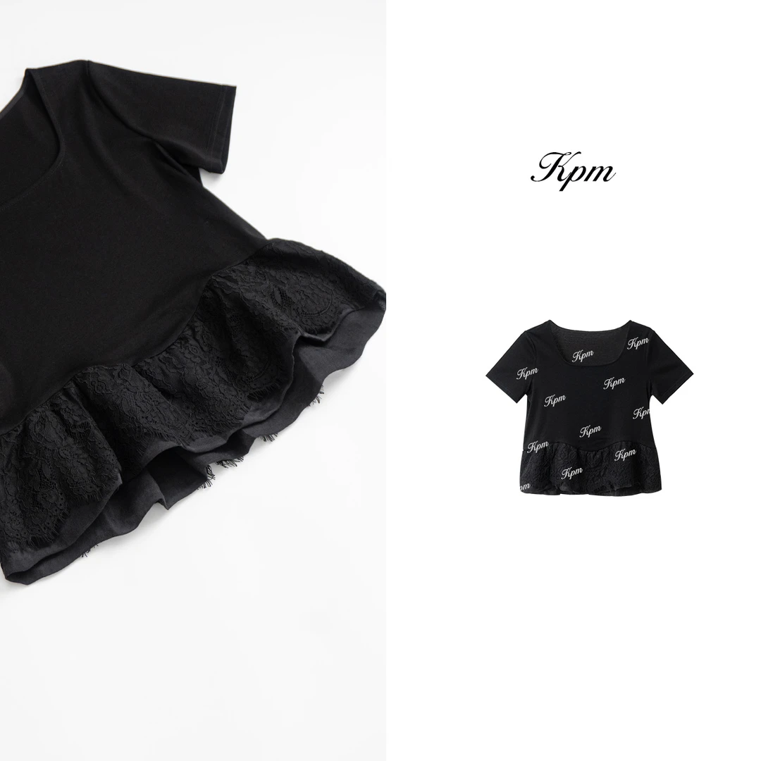 2025夏季新品高级感简约优雅百搭衣摆拼蕾丝方领短袖上衣女JN7960