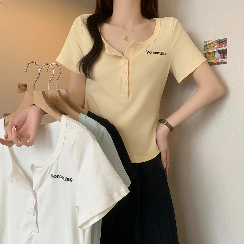 X胖MM显瘦正肩上衣大码女士夏新款基础百搭刺绣字母半开领短袖T恤