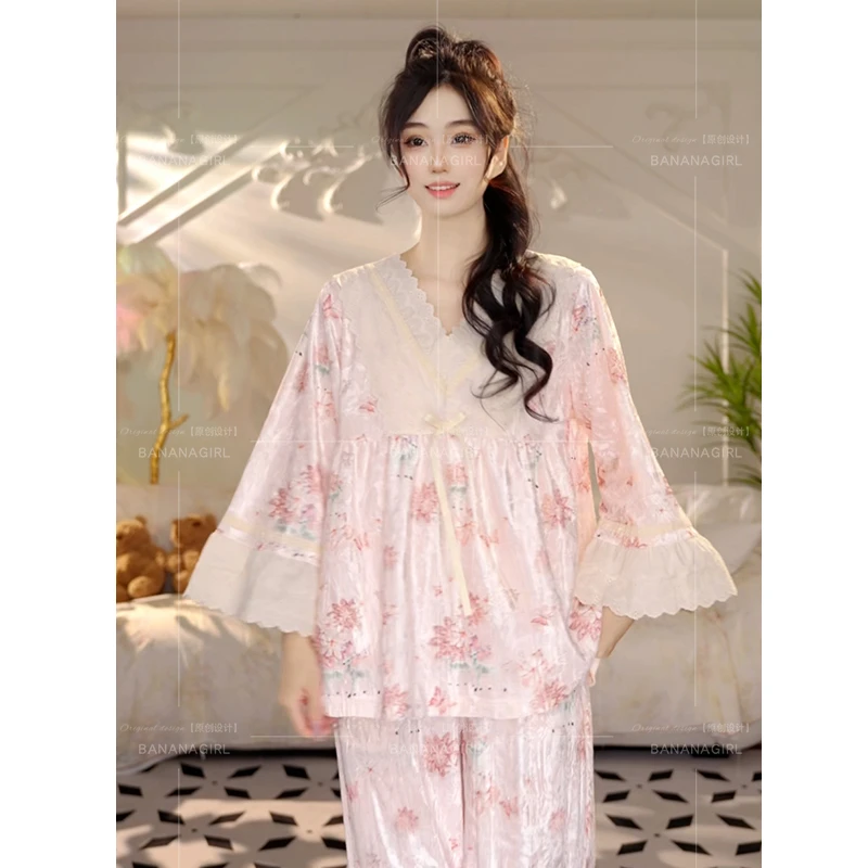 Bananagirl春夏新款睡衣女套装长袖丝绒印花宽松家居服可外穿