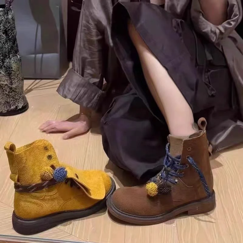 H55三穿中古嬉皮流苏中筒靴2025新款短靴百搭软底厚底马丁靴女款