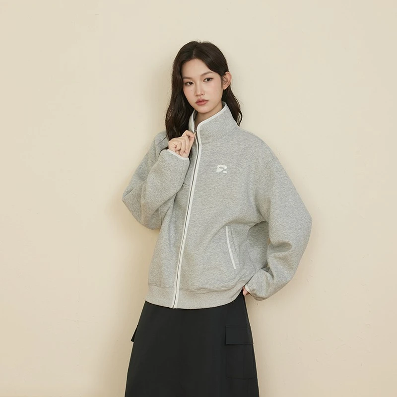 原野空间GRASS SPACE灰色开衫卫衣女秋冬宽松休闲立领外套上衣潮