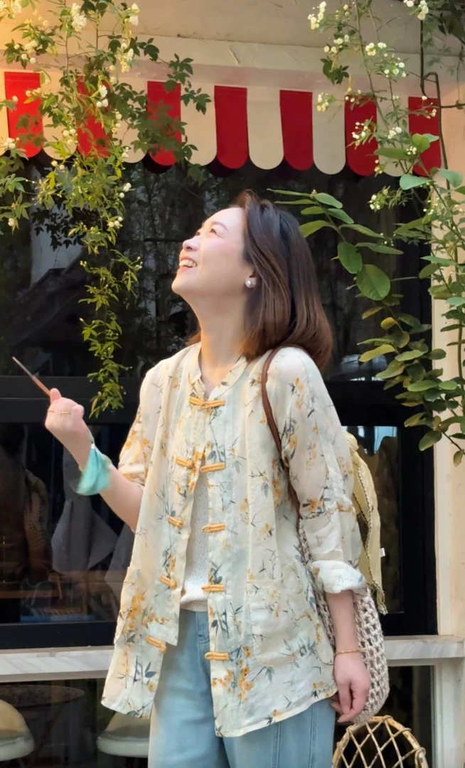 Art li中国风复古苎麻印花盘扣衬衫春季禅意茶服开衫外搭82F36-3