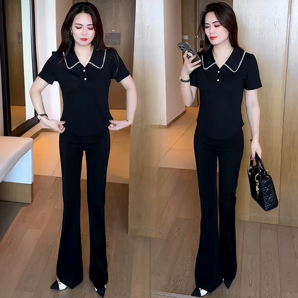 时尚短袖2025年夏季洋气气质女神休闲减龄黑色高腰显瘦短袖上衣