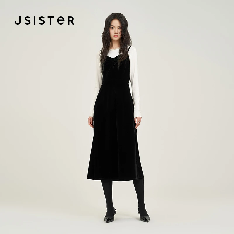 jsister 2025秋季新品 JS女装时尚黑白撞色通勤风吊带裙搭配套装