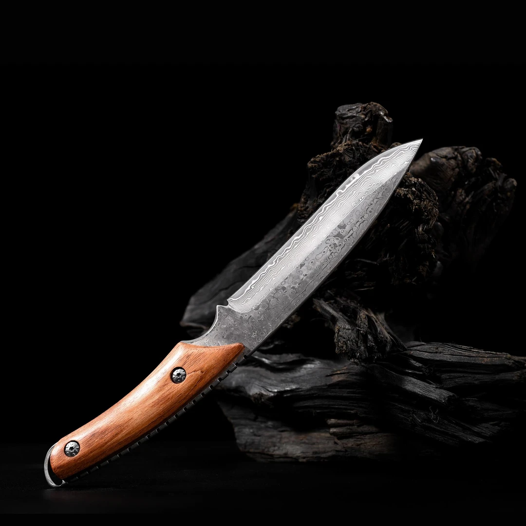 W03大马【皎月】酸枝实木手柄大马士革钢夹钢厨房户外多功能瓜果刀