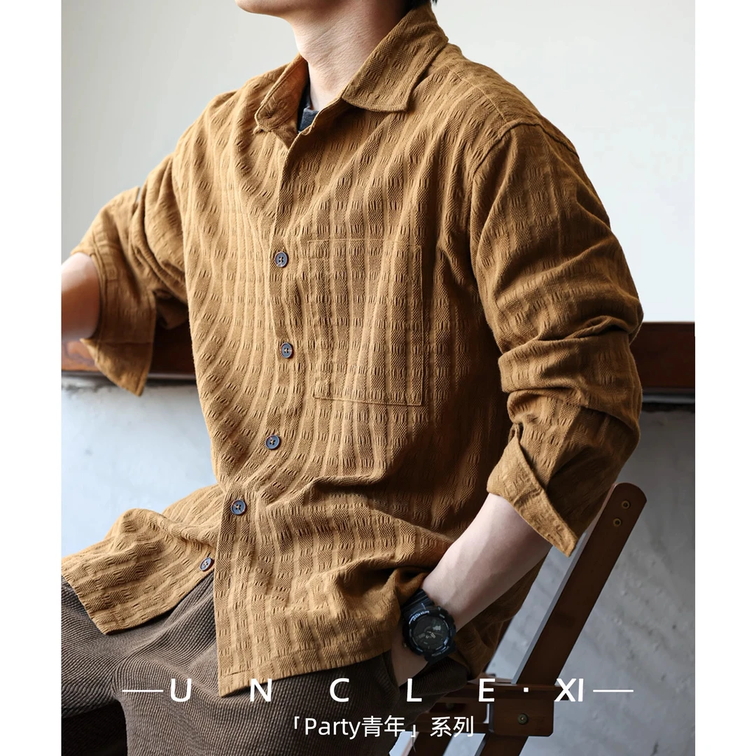 春秋新款休闲复古衬衫外套男士提花格子衬衣纹理质感宽松上衣男装