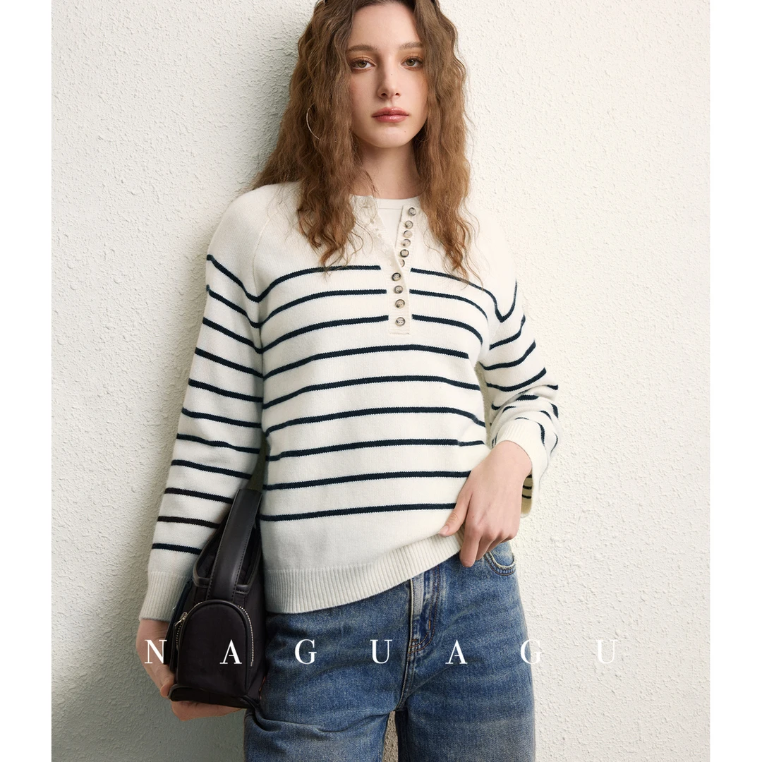 【线条画家】康宝莱16支羊毛羊绒 半开襟圆领条纹针织衫毛衣女