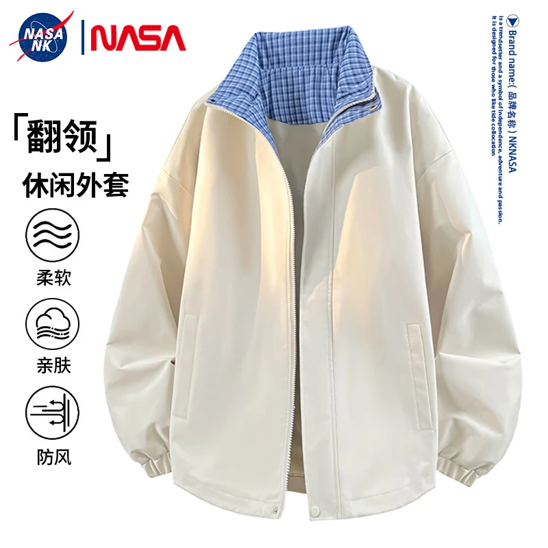 NASA联名翻领格纹拼接外套男女同款春秋季日系情侣防风秋装上衣潮