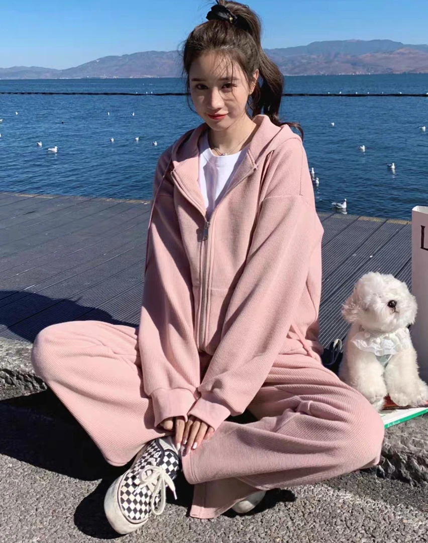 菲菲家粉色显瘦休闲长裤套装【款号787】