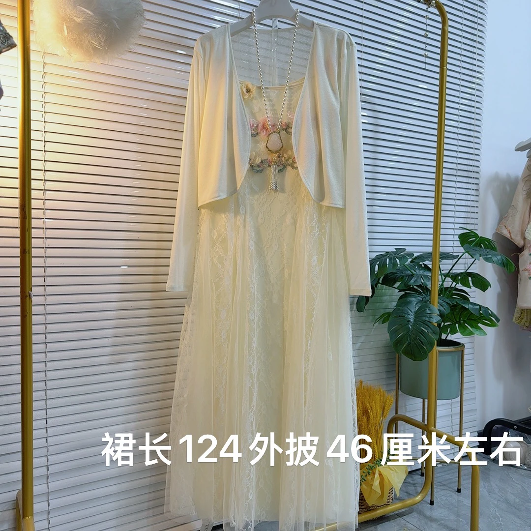 胖MM夏季新款披肩搭配吊带连衣裙两件套复古新中式唐装工艺两件套