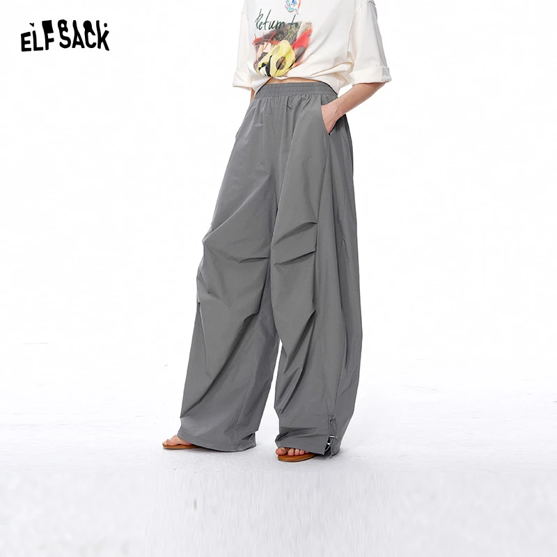 妖精的口袋户外感宽松工装裤2025春抽褶灰色镰刀裤山本裤25110036
