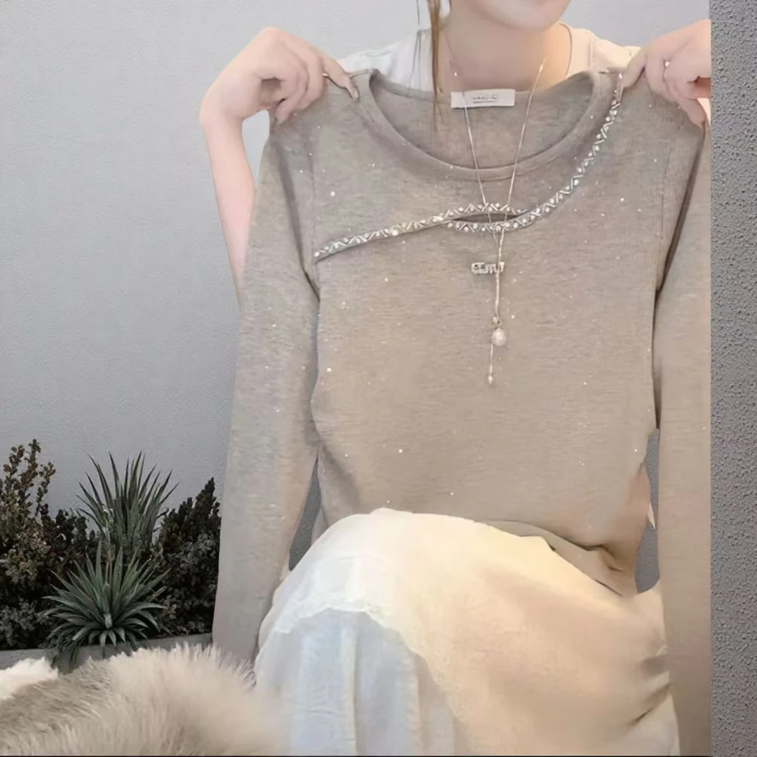 2025秋冬新款欧货高级感烫钻镂空长袖T恤女时髦时尚洋气百搭上衣