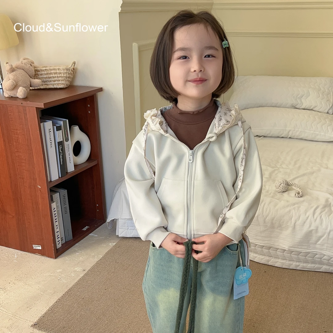【云朵小葵】女童洋气小花抽绳蕾丝边连帽休闲卫衣外套1112868