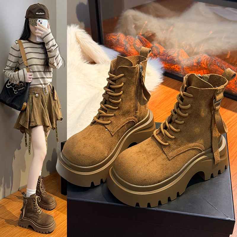 英伦风松糕厚底真皮系带马丁靴女2025新款复古做旧绒面增高机车靴