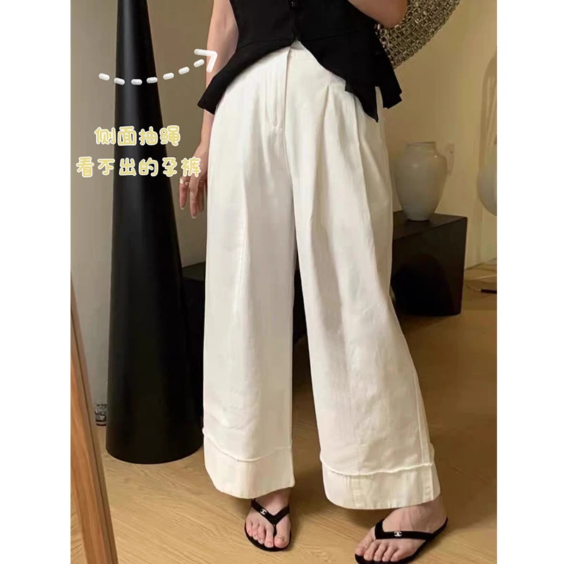 孕妇裤子春秋抽绳款九分牛仔孕期阔腿裤外穿春季宽松简约直筒裤