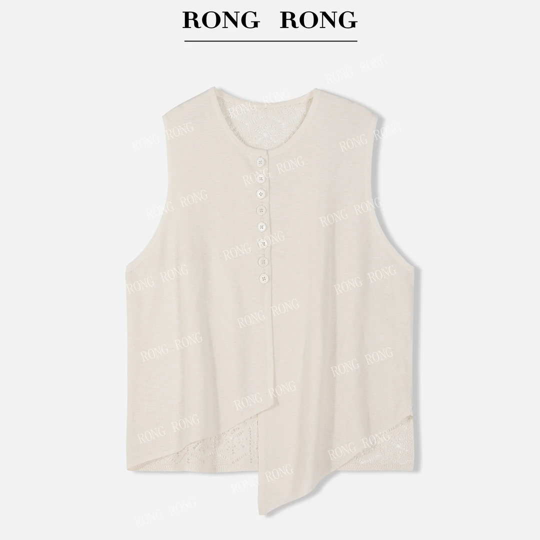 溶溶【烟墨笙花】RONGRONG 亚麻莱赛尔混纺镂空不规则背心马夹25S42