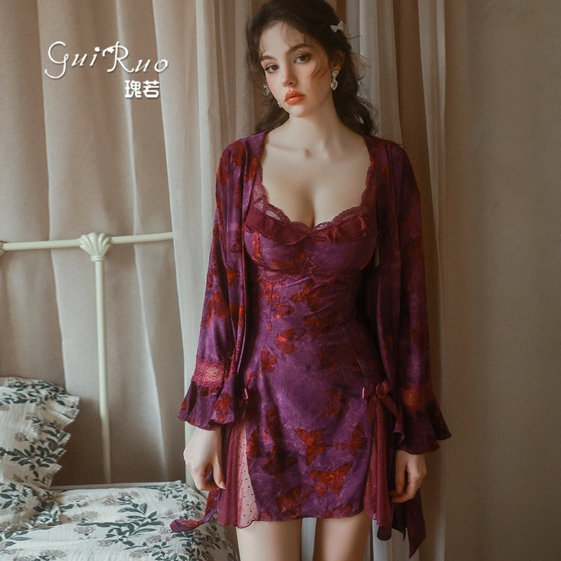 80-135斤小众品牌顺滑冰丝蝴蝶印花深V加胸垫睡裙外袍套装QJ5286
