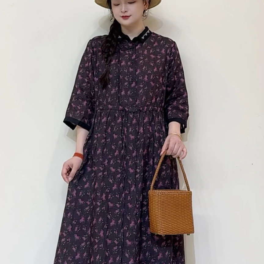 【细雨碎樱】西缺春夏小翻领衬衫领苎麻女装气质连衣裙淑女优雅碎花