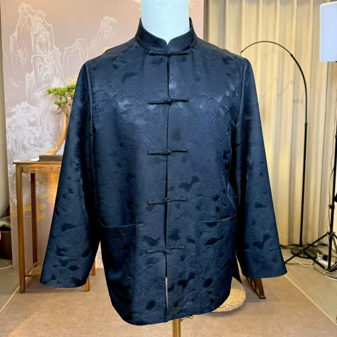 2025新款香云纱黑色重锻提花套装 新中式唐装男士外套长袖 男装