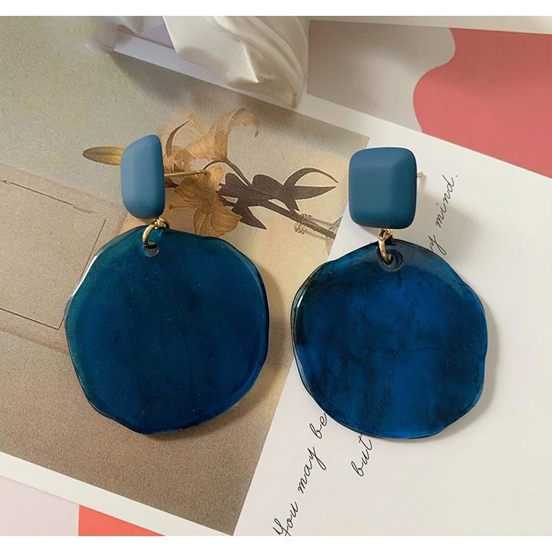 铜合金树脂耳饰 包邮 烟雾纹路摩登大圆树脂耳环宝蓝墨绿两色显白