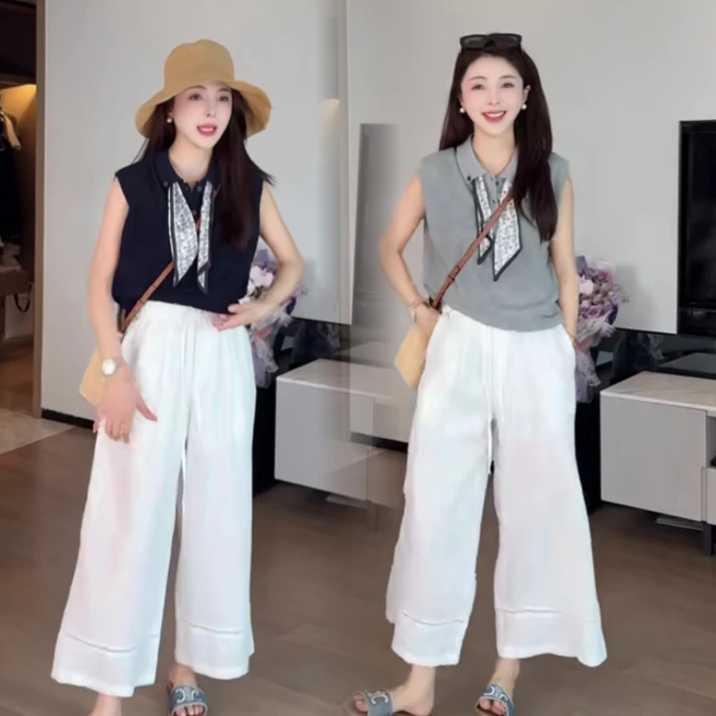 设计感结丝巾背心欧若风翻领针织新款无袖背心高腰直筒休闲裤子