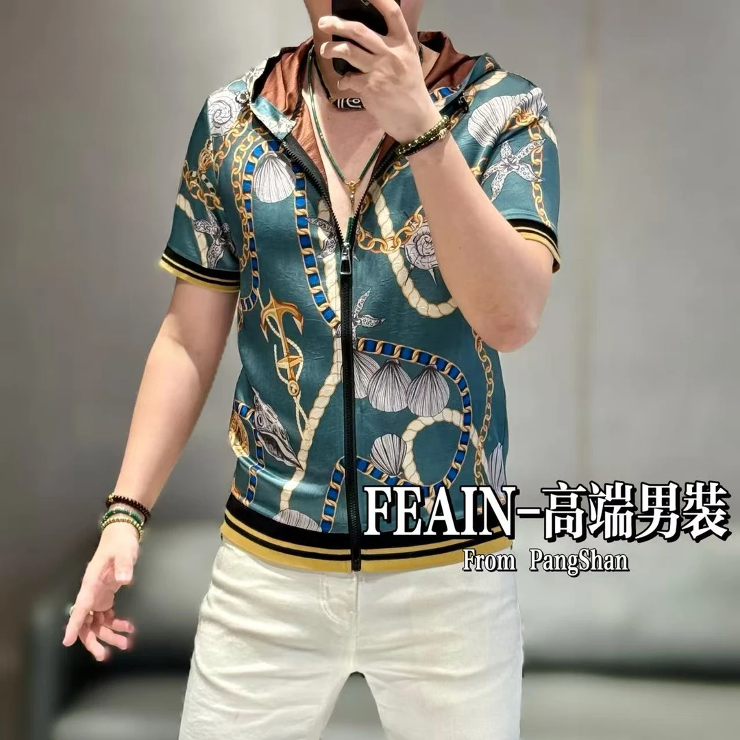 高端定制进口丝柔贡缎巴洛克海底世界上下开拉链连帽夹克5237