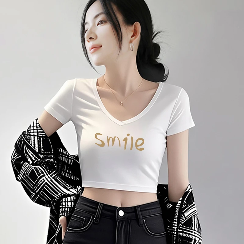夏季2026新款白色v领短袖T恤洋气衣服女露脐短款高腰纯欲甜美可爱