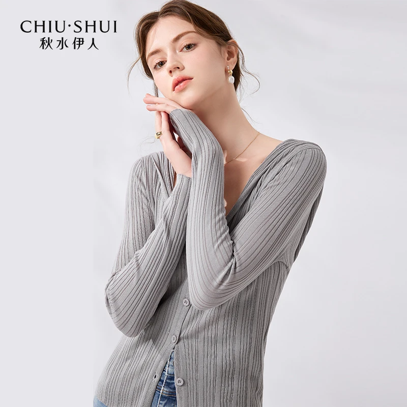 【直播】秋水伊人纯色连帽针织开衫女时尚简约风长624204C100665