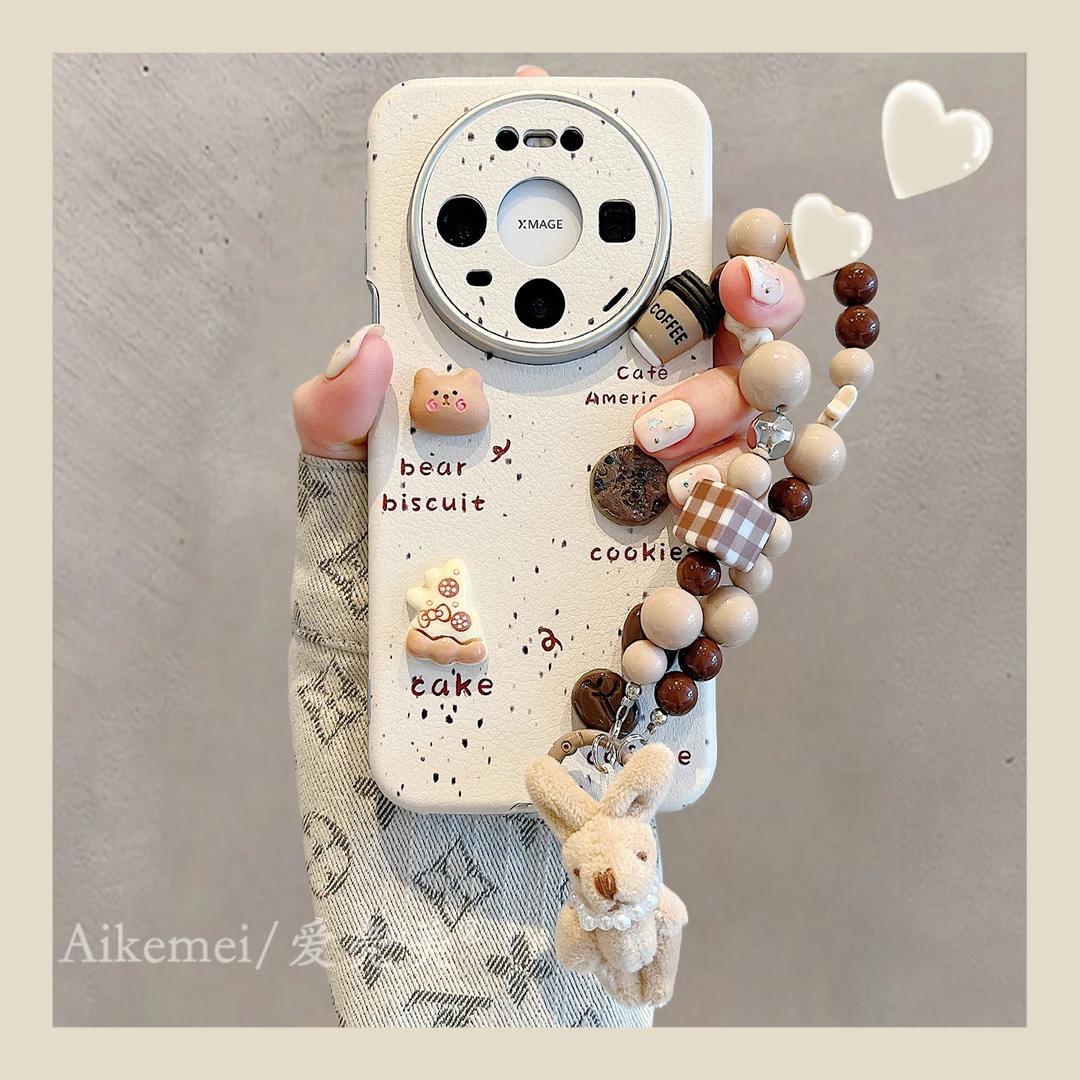 适用华为mate80promax手机壳皮质泼墨mate70pro+立体咖啡小熊链条