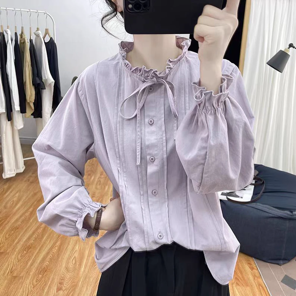 荷叶领系带荷叶袖衬衫百搭宽松纯棉早秋上衣长袖时尚女装洋气韩版