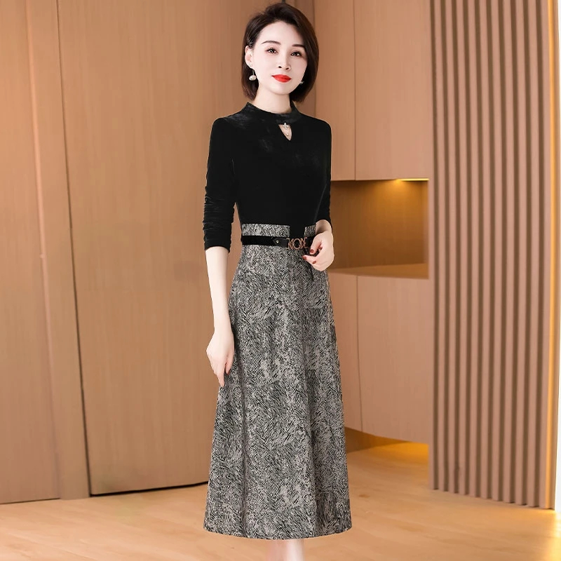 金丝绒长袖子连衣裙春秋季高端气质贵夫人时尚假两件套装高档品牌