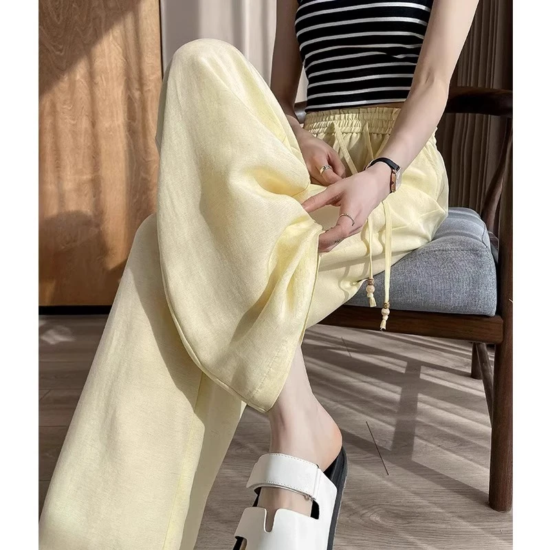 黄色天丝亚麻山本裤女夏季薄款2025新款垂坠感冰丝抗皱棉麻阔腿裤