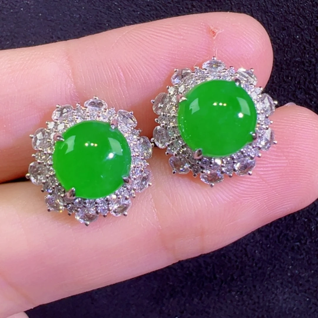 翡翠18K金镶嵌耳饰7.7正圆耳包