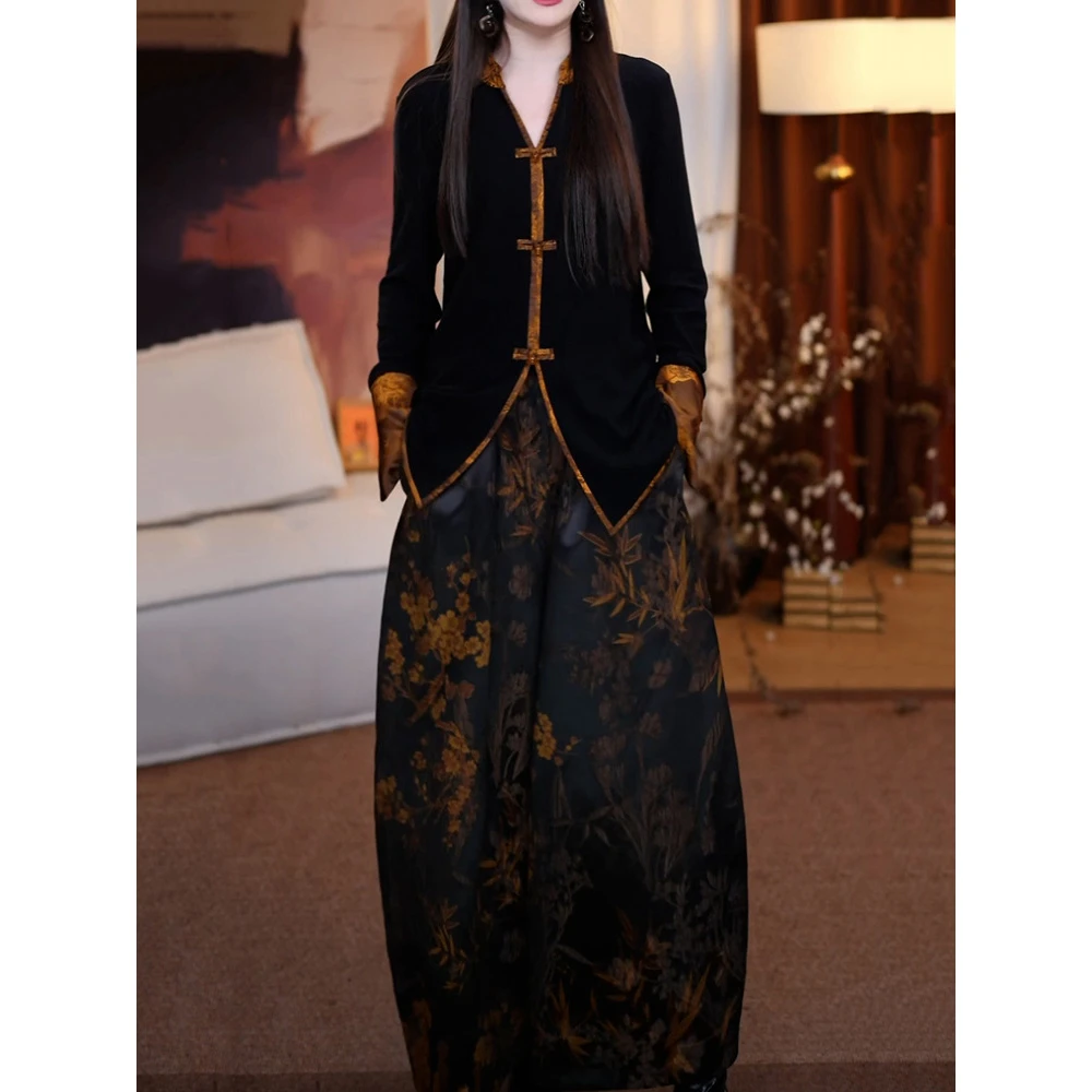 轻奢新中式高级感裤套装女2026冬季新款撞色拼接盘扣V领衬衫+裤子